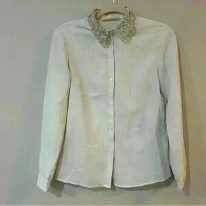 Ochirly White Button Down Embroidered Collar Blouse Women’s Size Medium